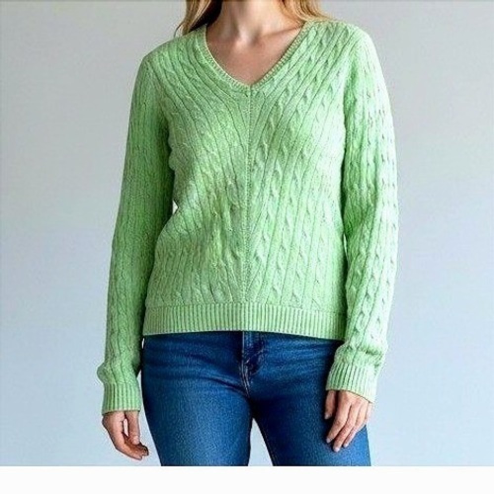 Lauren Ralph Lauren Womens Green Silk Blend Cable Knit V-Neck Sweater Preppy M